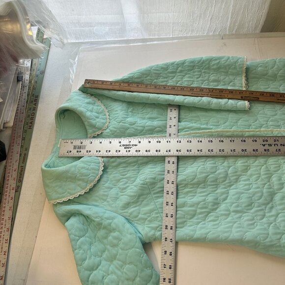 Vtg 1960s Aqua Blue Quilted Full Button Robe Lace Trim Peter Pan Collar Small - Picture 4 of 9